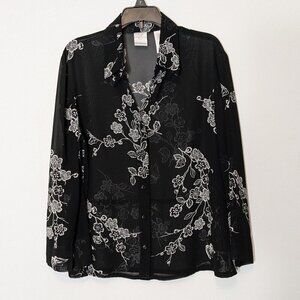 EMMA JAMES by Liz Claiborne, Black Floral Sheer Chiffon Button Blouse; Size 8